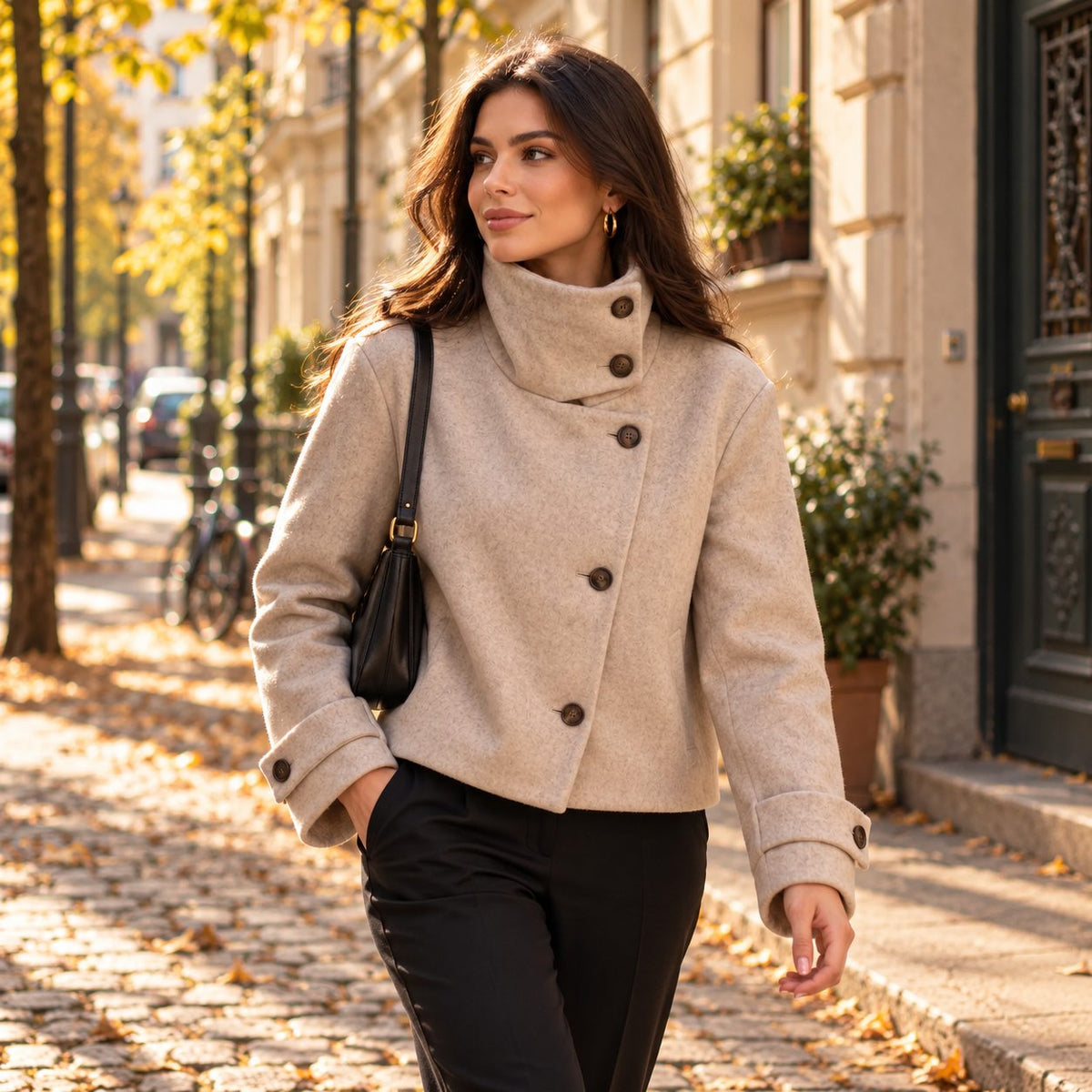 Shop women – woman in a beige wool cropped coat on an autumn street