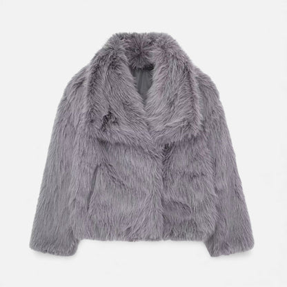 Women's Faux Fur Lapel Short Coat — Snap Button Jacket 6