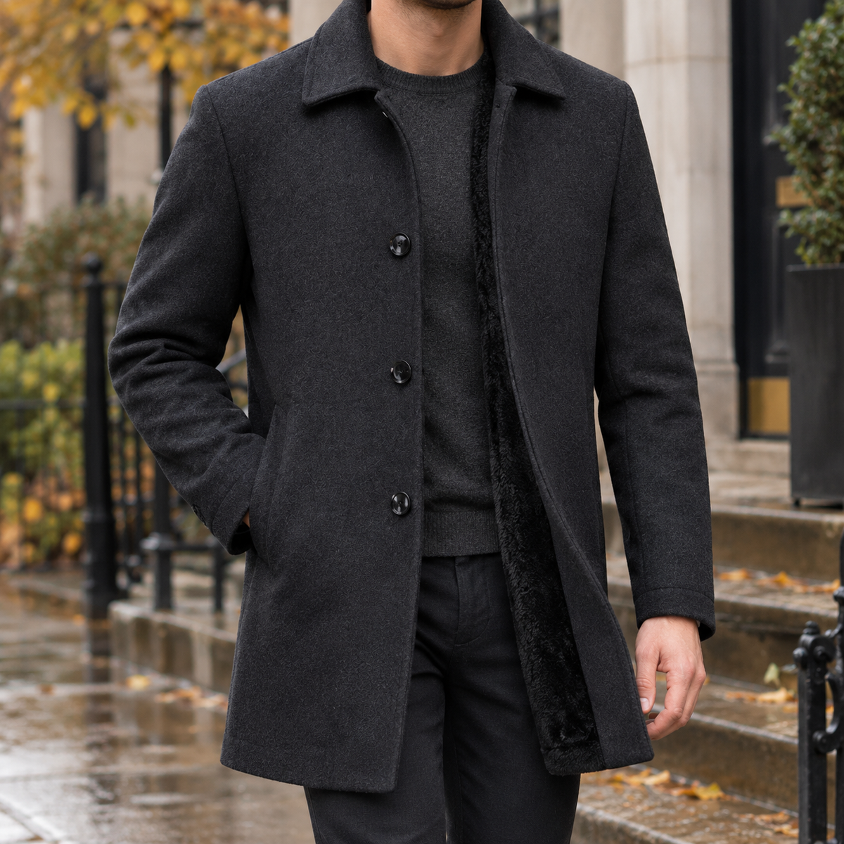 Men's Wool-Blend Single-Breasted Coat — Plush Lined Fit 1