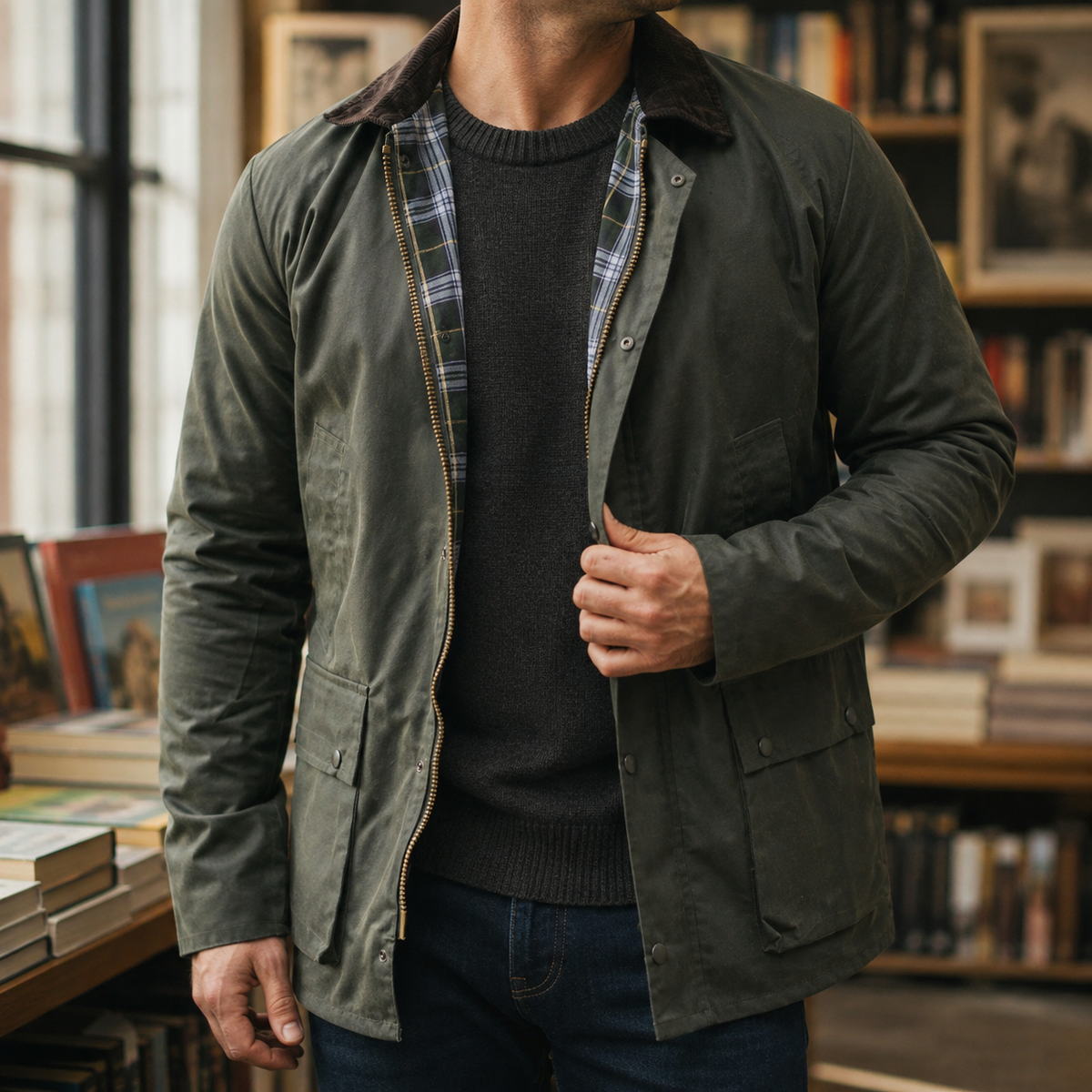 Men's Waxed Cotton Jacket — Tartan Lining & Corduroy Collar 1