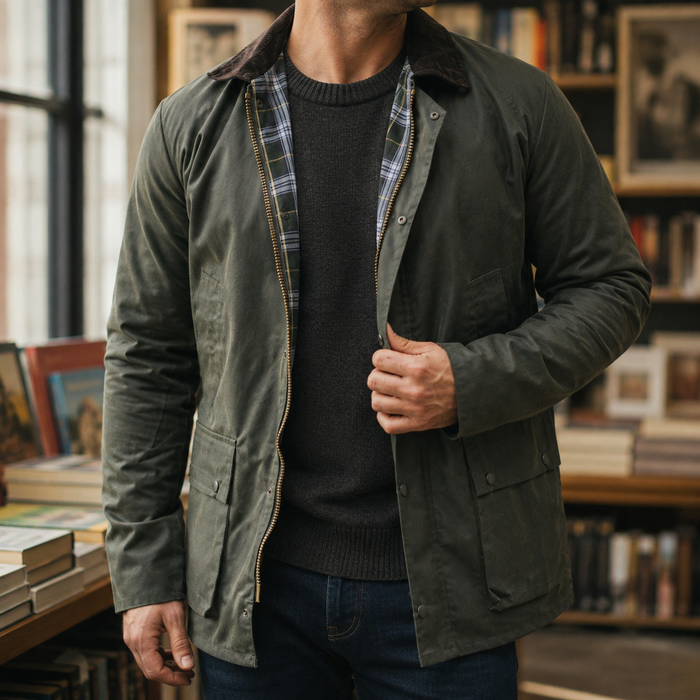 Men's Waxed Cotton Jacket — Tartan Lining & Corduroy Collar