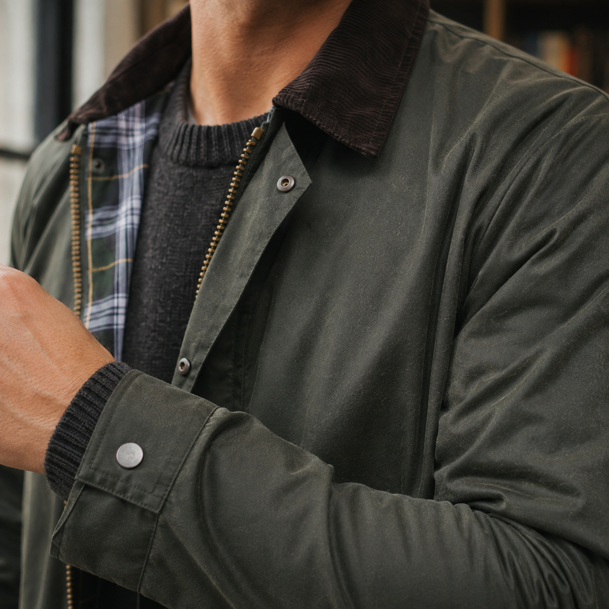 Men's Waxed Cotton Jacket — Tartan Lining & Corduroy Collar 3