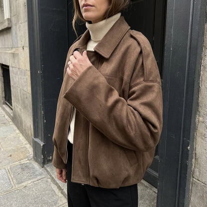 Faux Suede Bomber Jacket — Cropped Blouson Fit Women 10