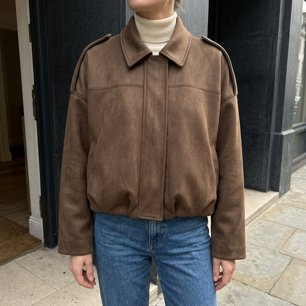 Faux Suede Bomber Jacket — Cropped Blouson Fit Women 8
