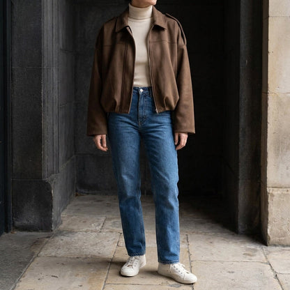 Faux Suede Bomber Jacket — Cropped Blouson Fit Women 9