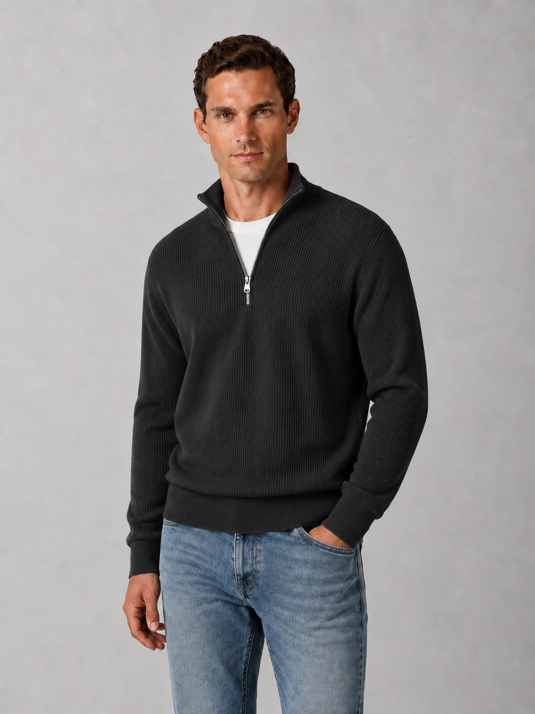 Hover Brothers - Men's - Ribbed Knit - Quarter-Zip Mock Neck Pullover