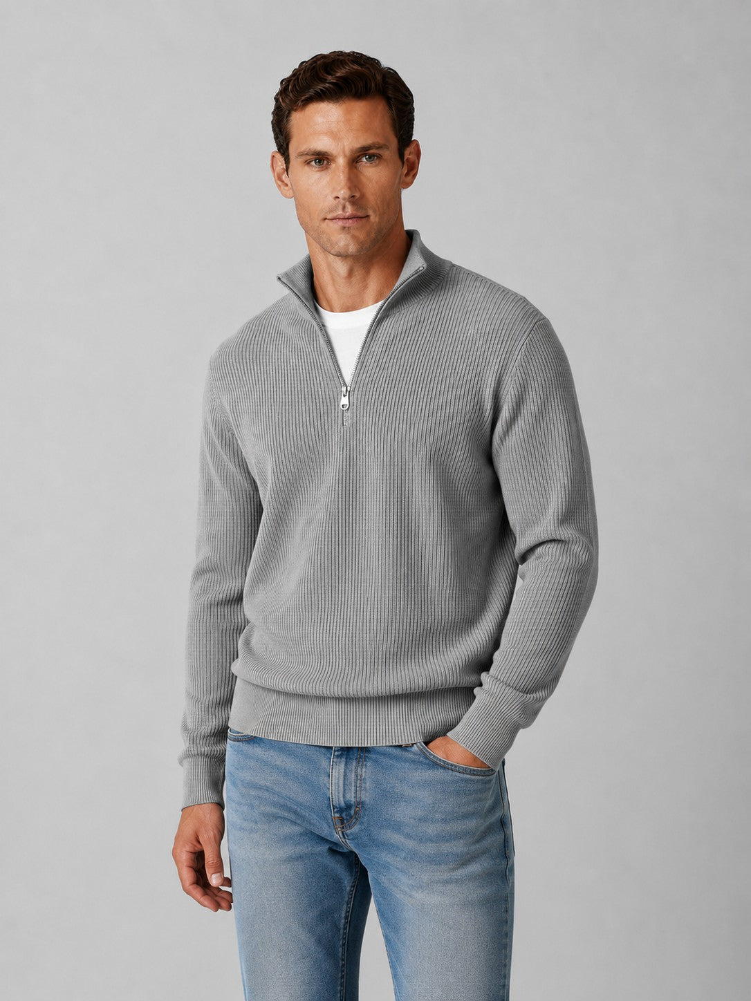 Hover Brothers - Men's - Ribbed Knit - Quarter-Zip Mock Neck Pullover