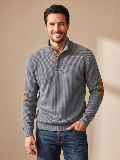 Men's Waffle-Knit Button-Collar Pullover Sweater — Elbow Patches 2