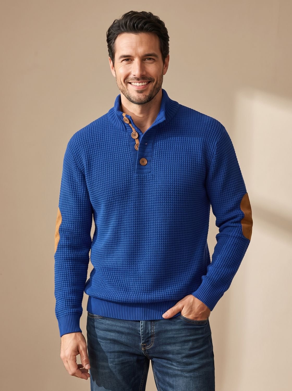 Men's Waffle-Knit Button-Collar Pullover Sweater — Elbow Patches 1