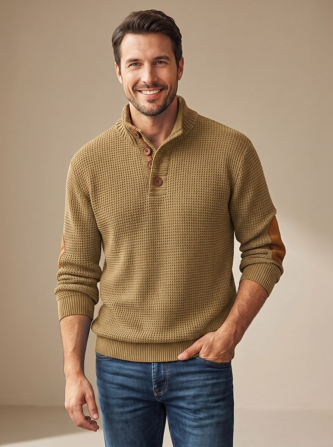 Men's Waffle-Knit Button-Collar Pullover Sweater — Elbow Patches 4