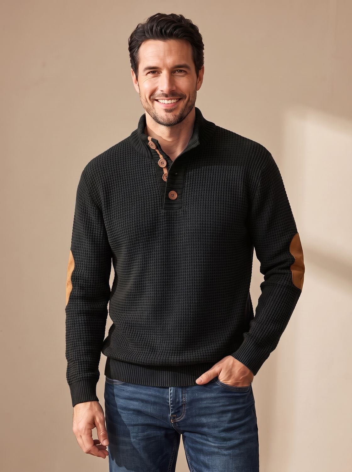 Men's Waffle-Knit Button-Collar Pullover Sweater — Elbow Patches 5