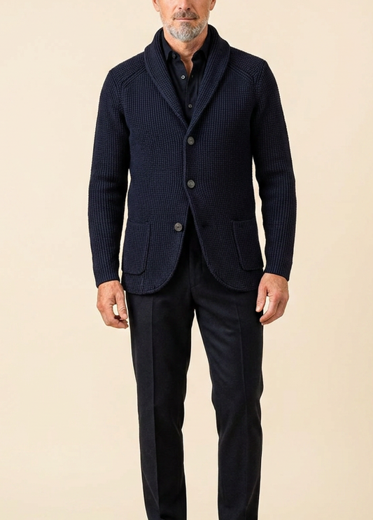 Men's Shawl Collar Cardigan — Ribbed Wool-Blend Knit 1