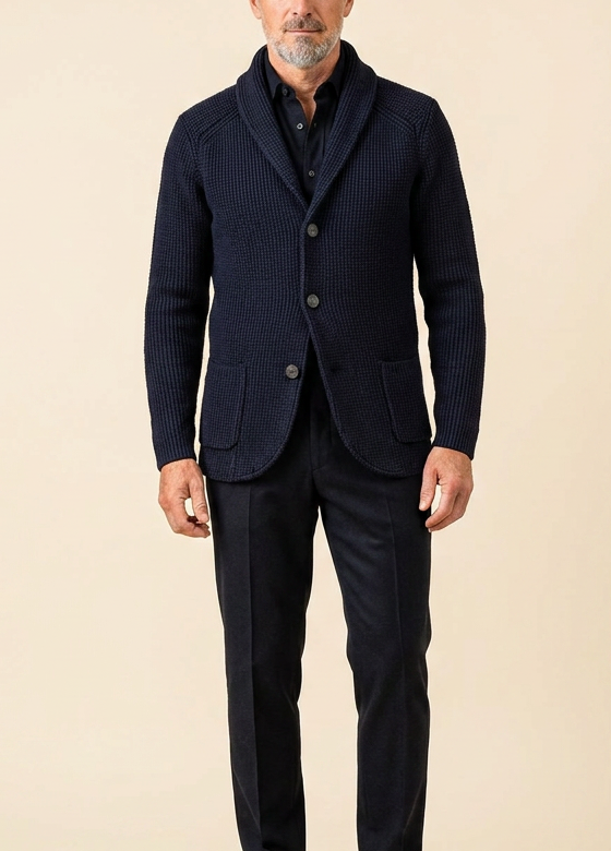 Men's Shawl Collar Cardigan — Ribbed Wool-Blend Button-Up Sweater