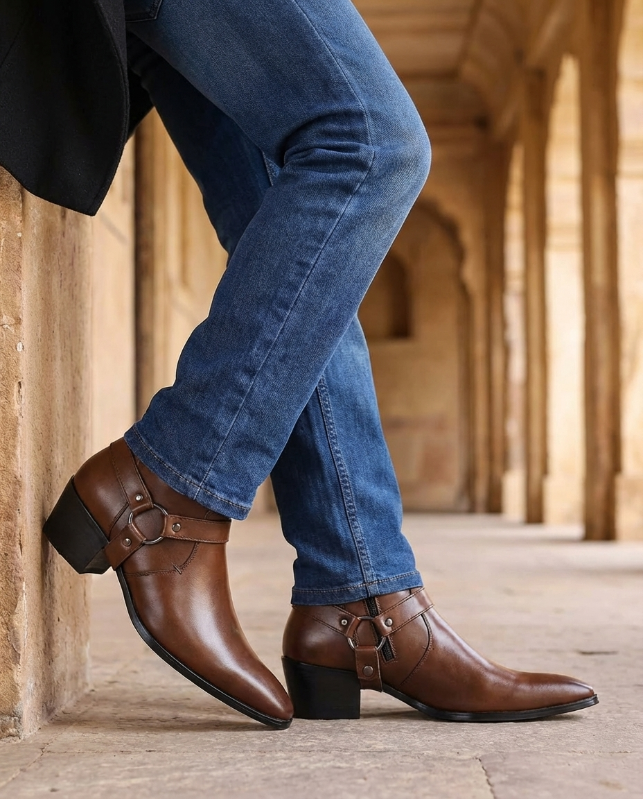 Men's Leather Harness Ankle Boot — Chisel Toe Side Zip 4