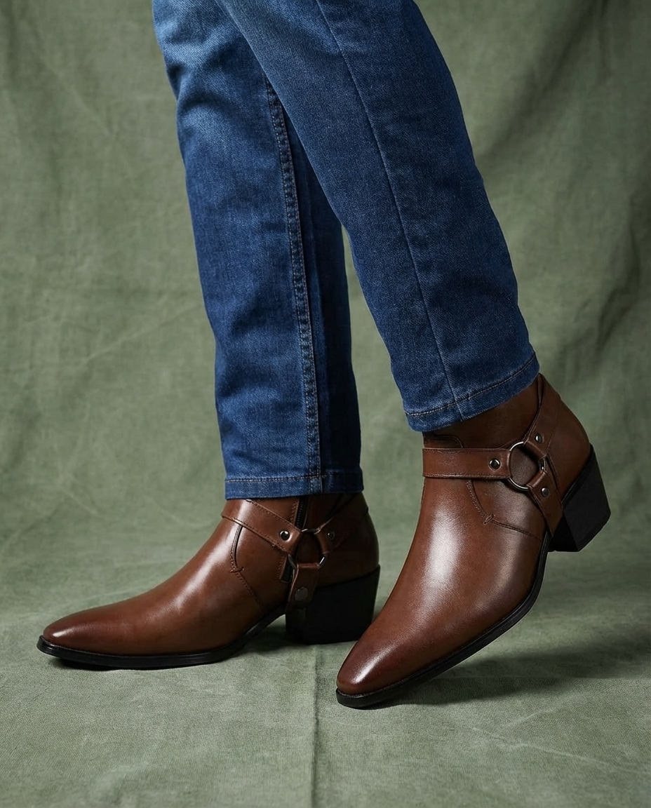 Men's Leather Harness Ankle Boot — Chisel Toe Side Zip 5