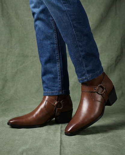 Men's Leather Harness Ankle Boot — Chisel Toe Side Zip 5