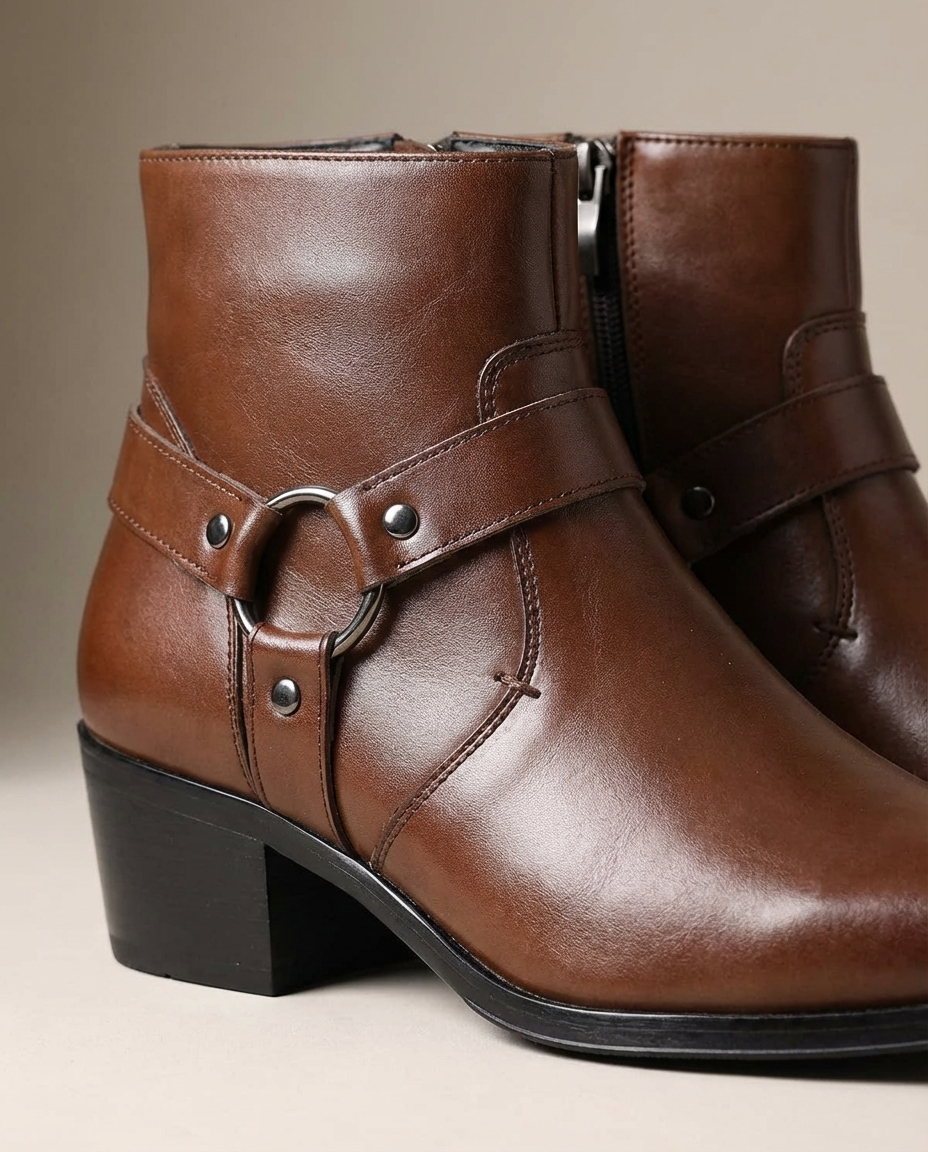 Men's Leather Harness Ankle Boot — Chisel Toe Side Zip 3