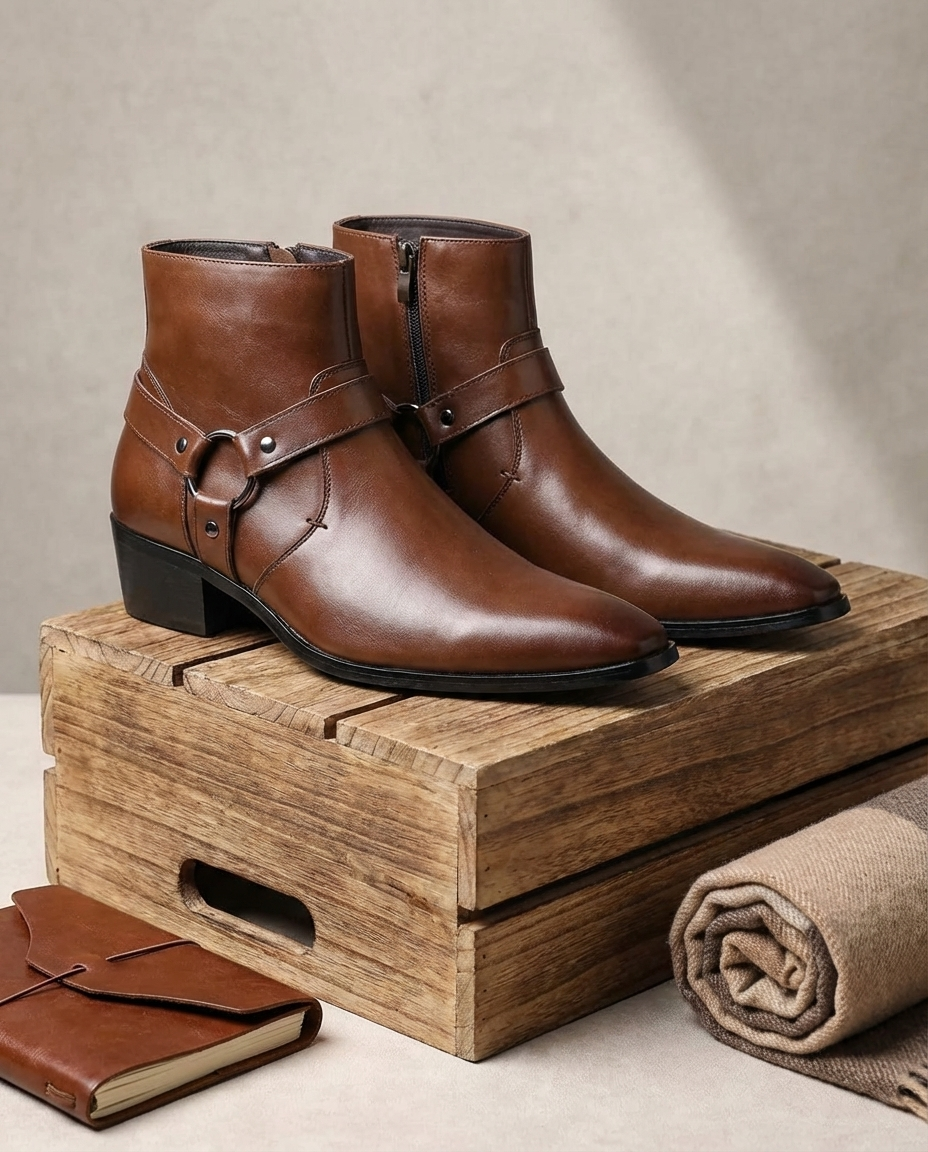 Men's Leather Harness Ankle Boot — Chisel Toe Side Zip 2