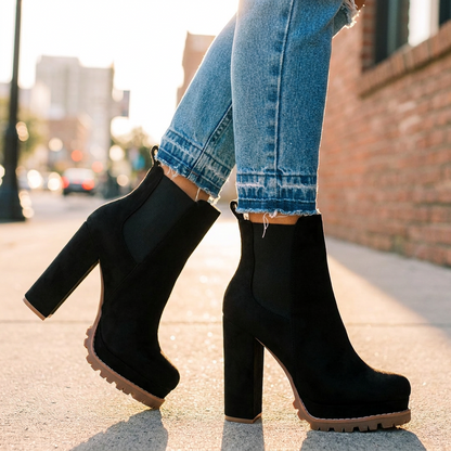 Faux Suede Block Heel Ankle Boots — Lugged Platform Sole 3