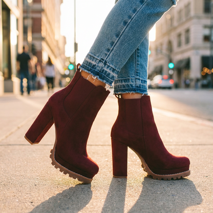 Faux Suede Block Heel Ankle Boots — Lugged Platform Sole 6