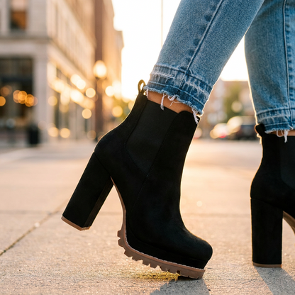 Faux Suede Block Heel Ankle Boots — Lugged Platform Sole 7