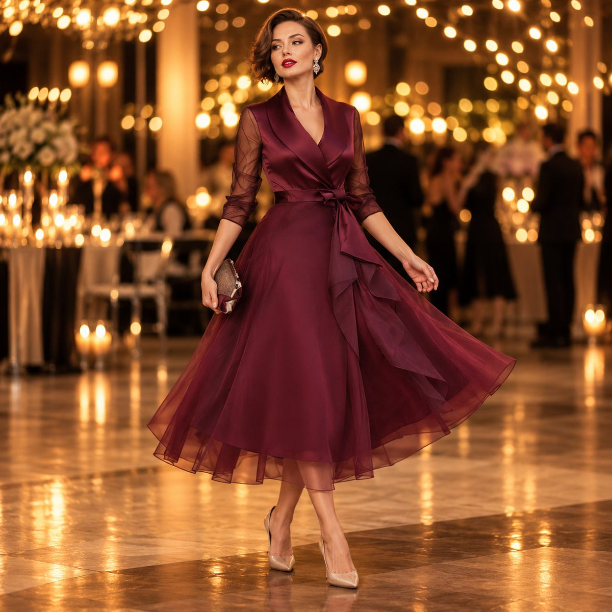 Burgundy Midi Cocktail Dress — Mesh Sleeves & Waist Belt 2