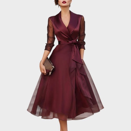 Burgundy Midi Cocktail Dress — Mesh Sleeves & Waist Belt 3