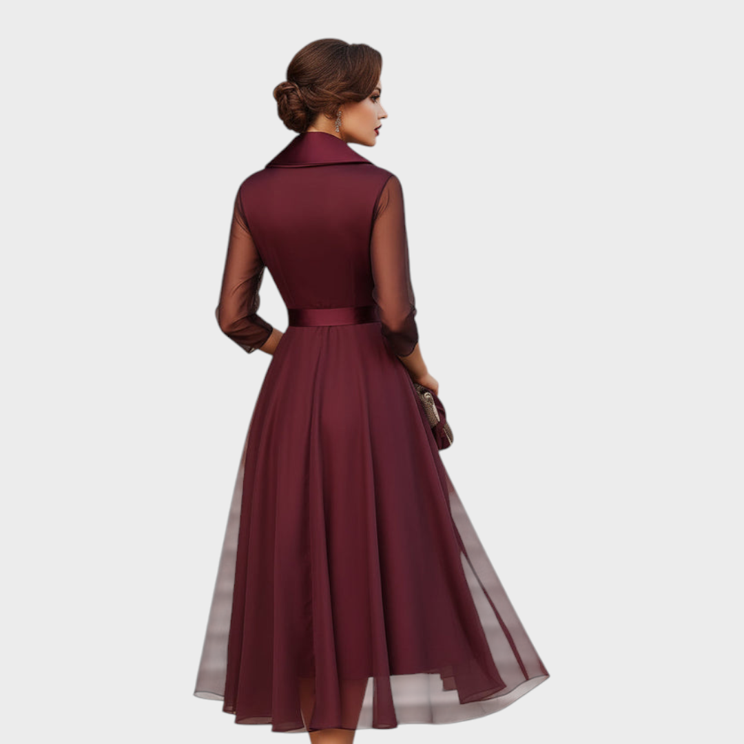 Burgundy Midi Cocktail Dress — Mesh Sleeves & Waist Belt 4