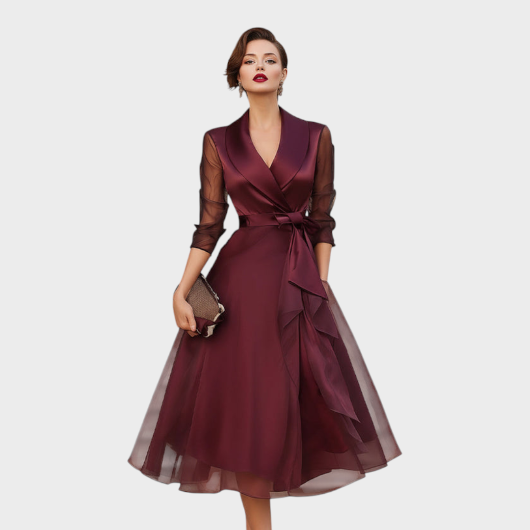 Burgundy Midi Cocktail Dress — Mesh Sleeves & Waist Belt 5