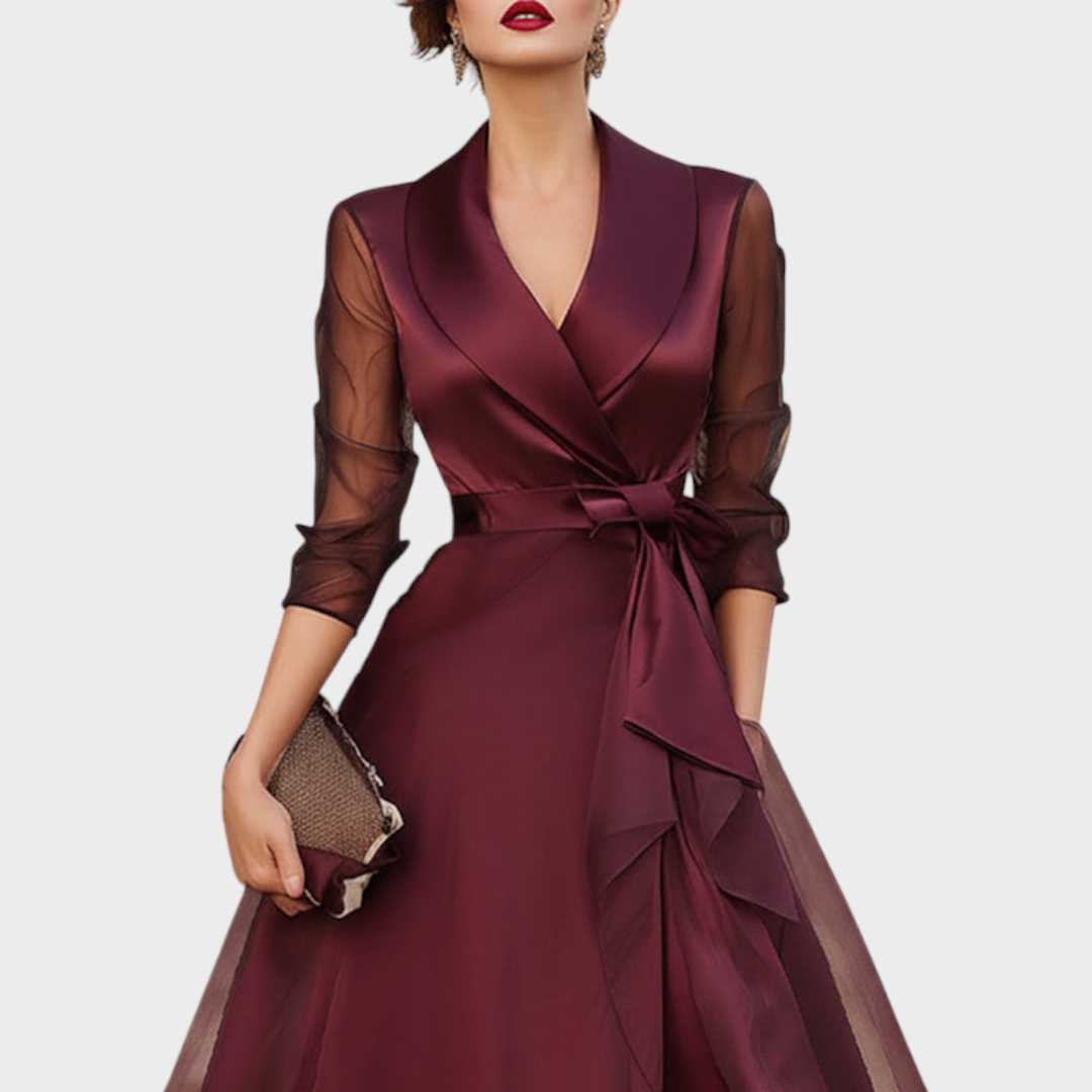 Burgundy Midi Cocktail Dress — Mesh Sleeves & Waist Belt 6