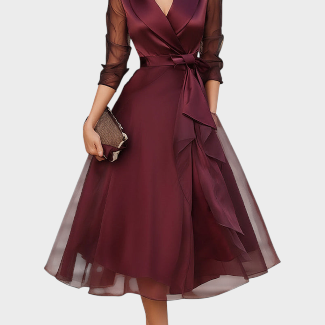 Burgundy Midi Cocktail Dress — Mesh Sleeves & Waist Belt 7