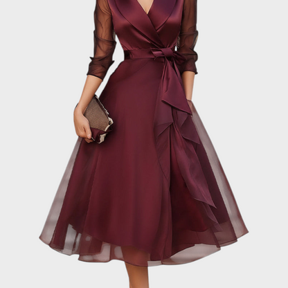 Burgundy Midi Cocktail Dress — Mesh Sleeves & Waist Belt 7