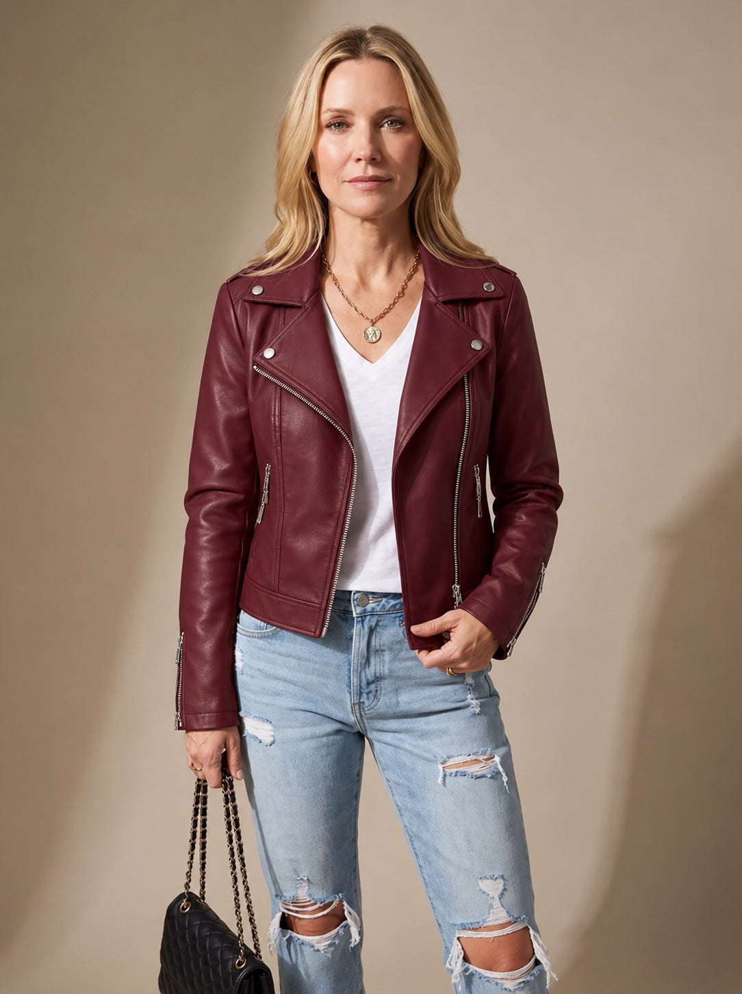 Women's Faux Leather Moto Jacket — Asymmetric Zip Slim Fit 2