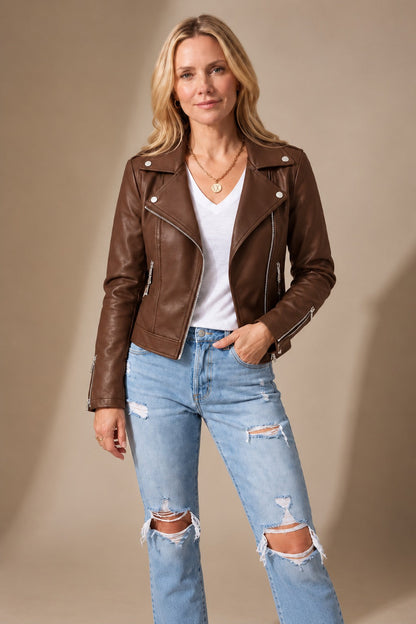 Women's Faux Leather Moto Jacket — Asymmetric Zip Slim Fit 3