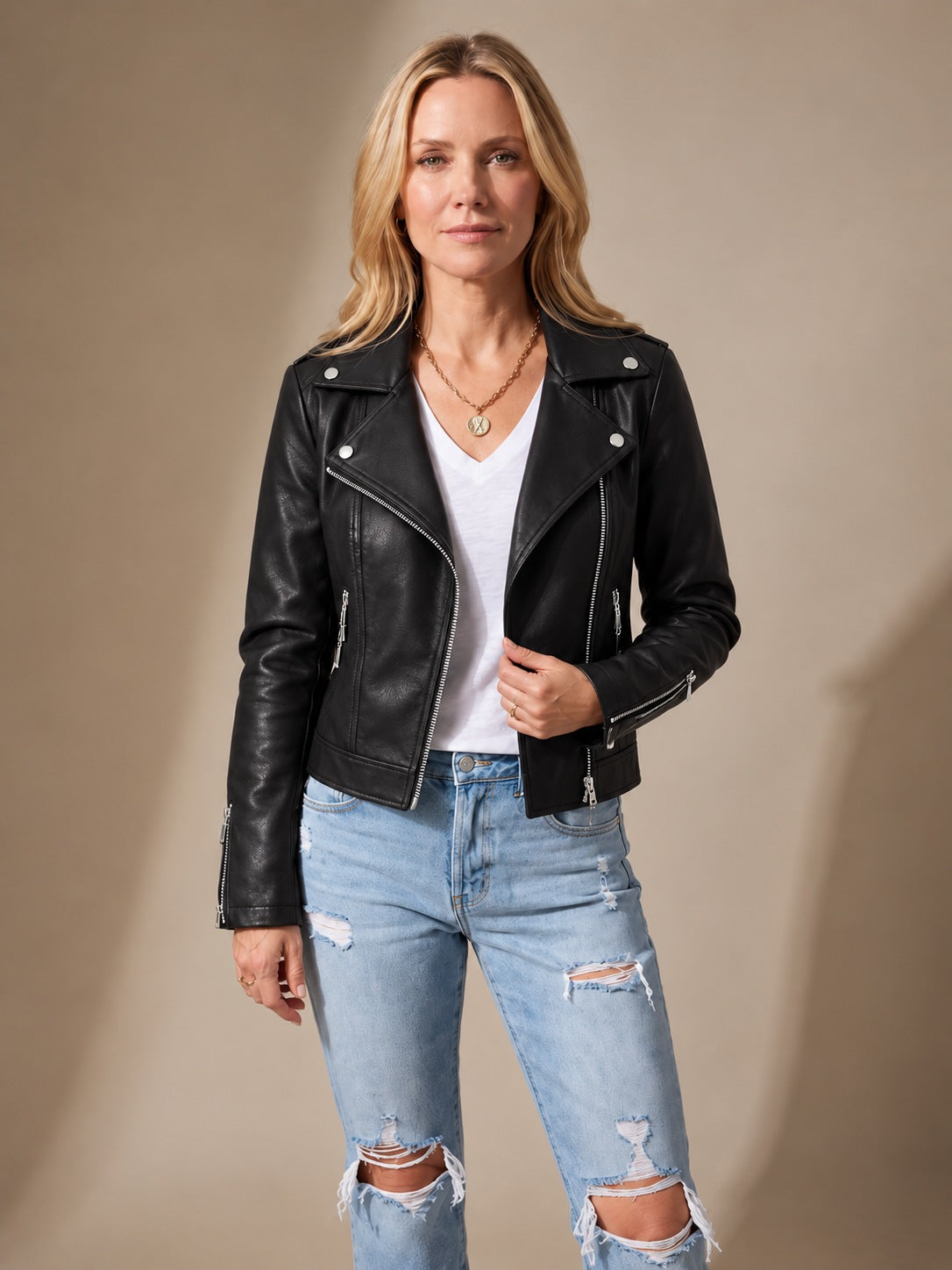 Women's Faux Leather Moto Jacket — Asymmetric Zip Slim Fit 1
