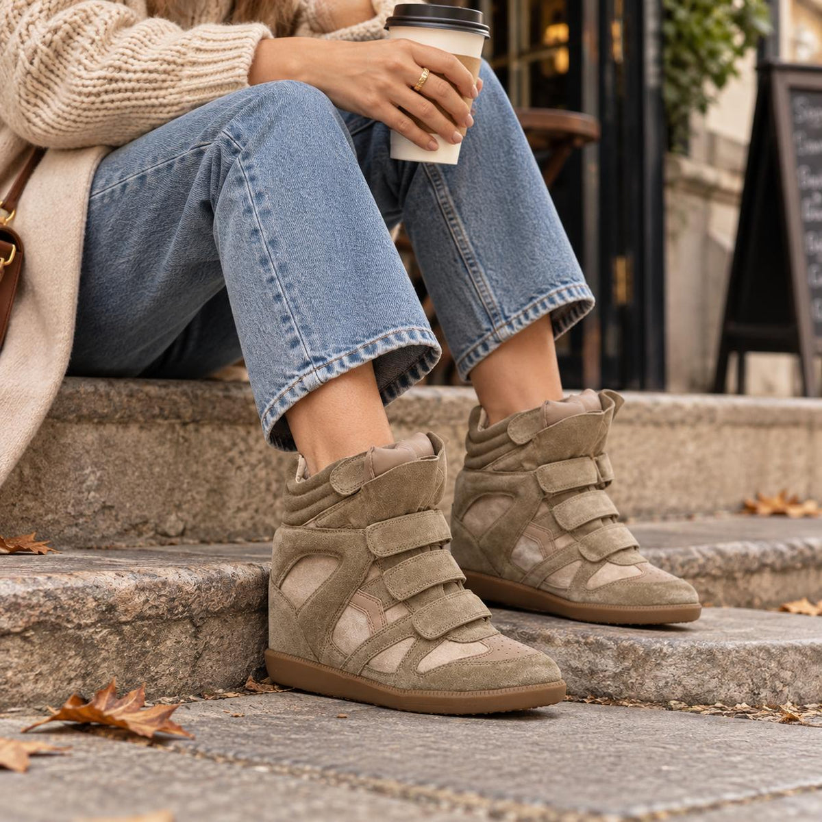 Women's Hidden Wedge High-Top Sneakers — Faux Suede & Velcro 3