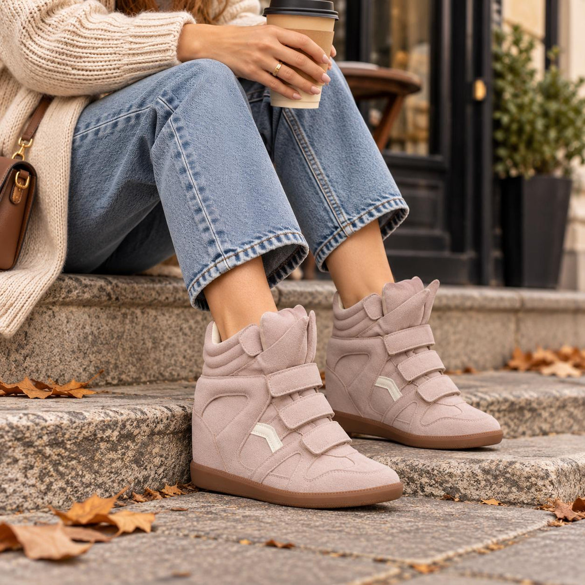 Women's Hidden Wedge High-Top Sneakers — Faux Suede & Velcro 5
