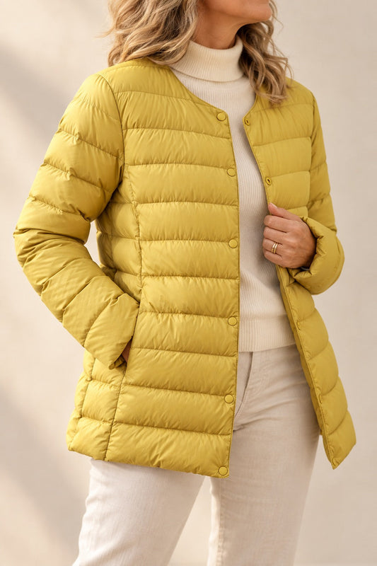 Women's Lightweight Down Puffer Jacket — Collarless Snap-Button 1