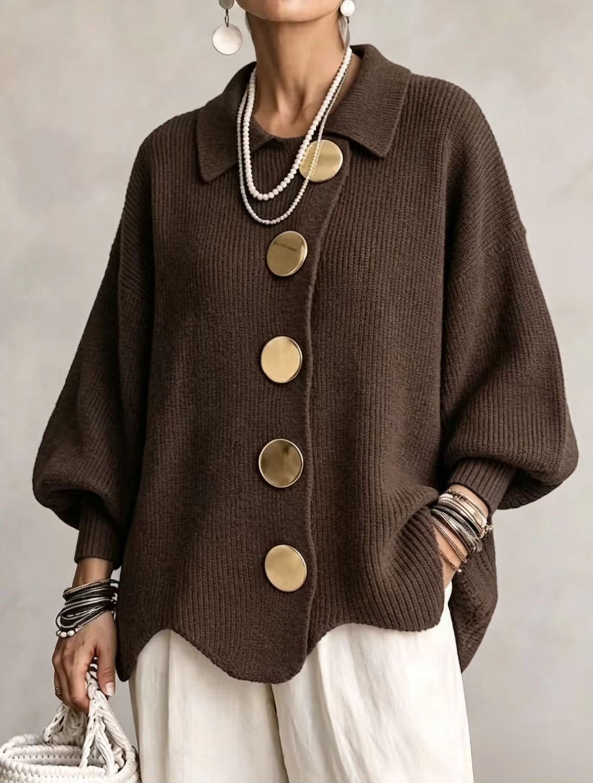 Women's Oversized Cardigan — Lantern Sleeves & Gold Buttons 10
