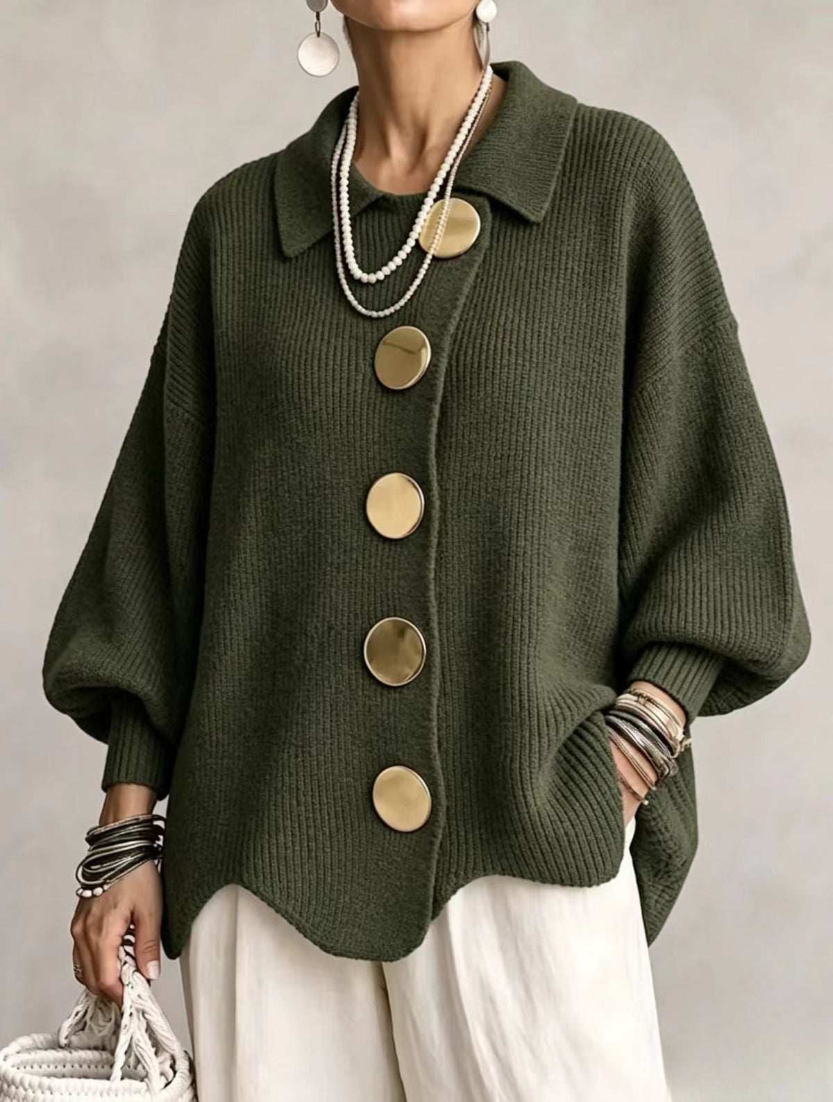 Women's Oversized Cardigan — Lantern Sleeves & Gold Buttons 11