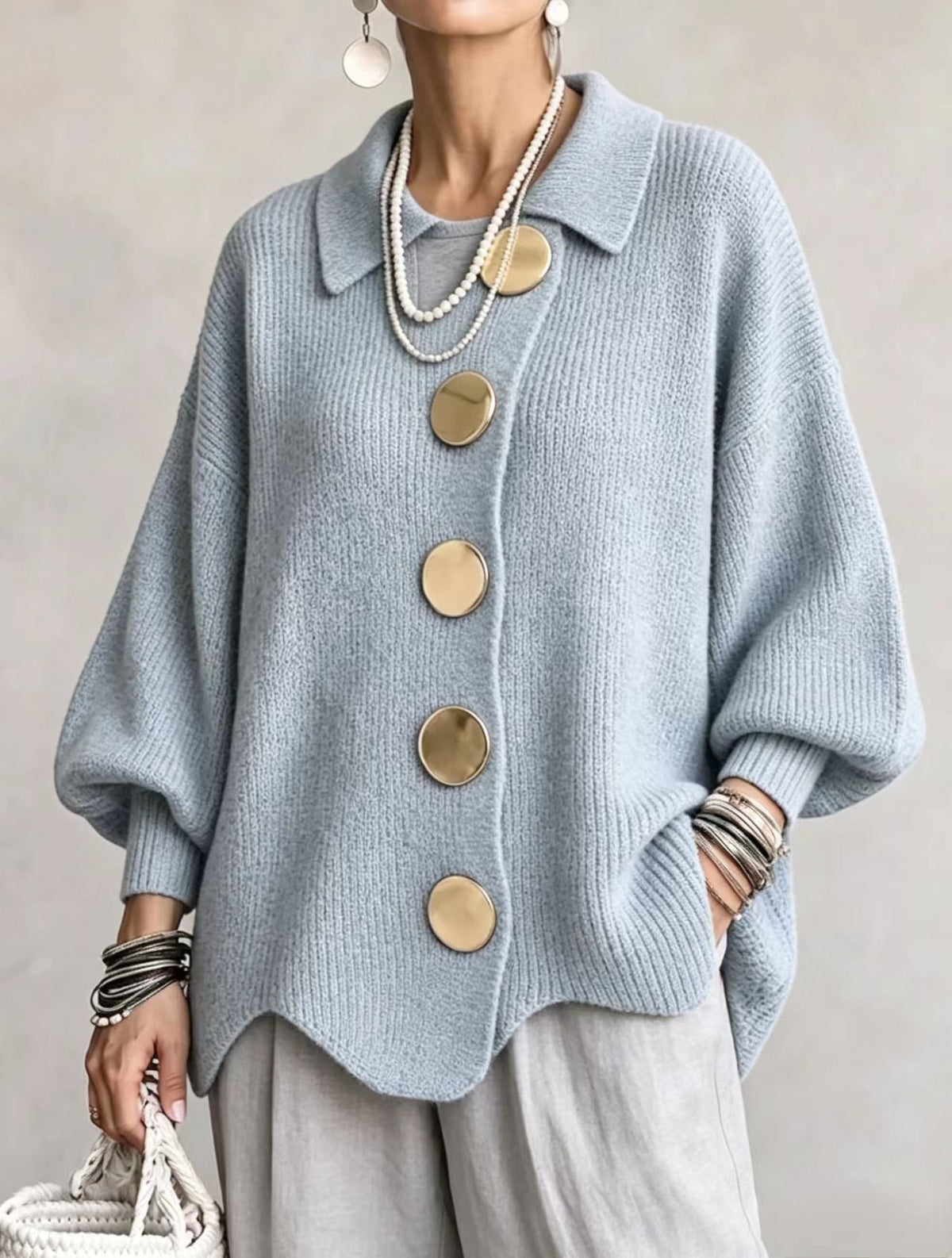 Women's Oversized Cardigan — Lantern Sleeves & Gold Buttons 13