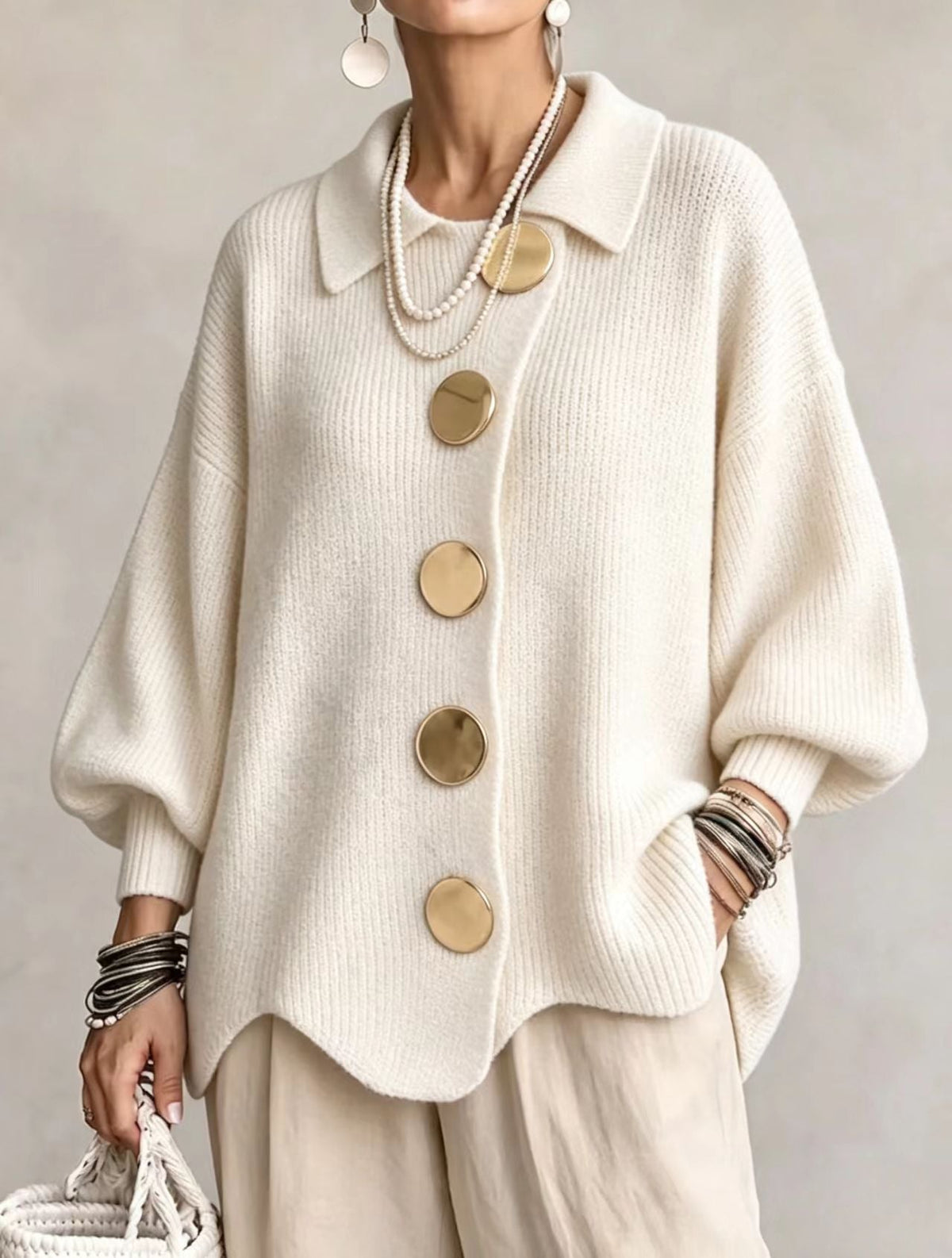 Women's Oversized Cardigan — Lantern Sleeves & Gold Buttons 14