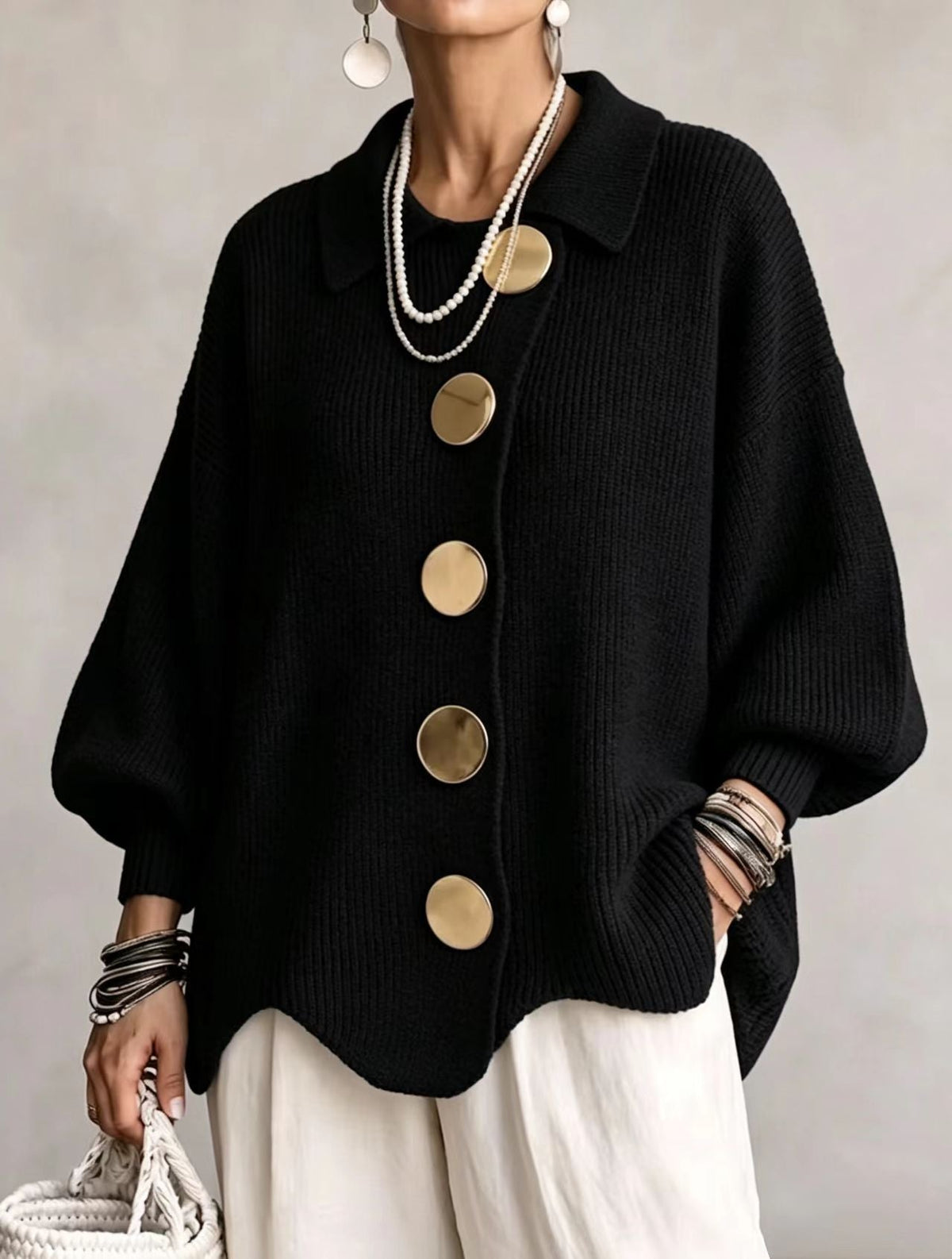 Women's Oversized Cardigan — Lantern Sleeves & Gold Buttons 15
