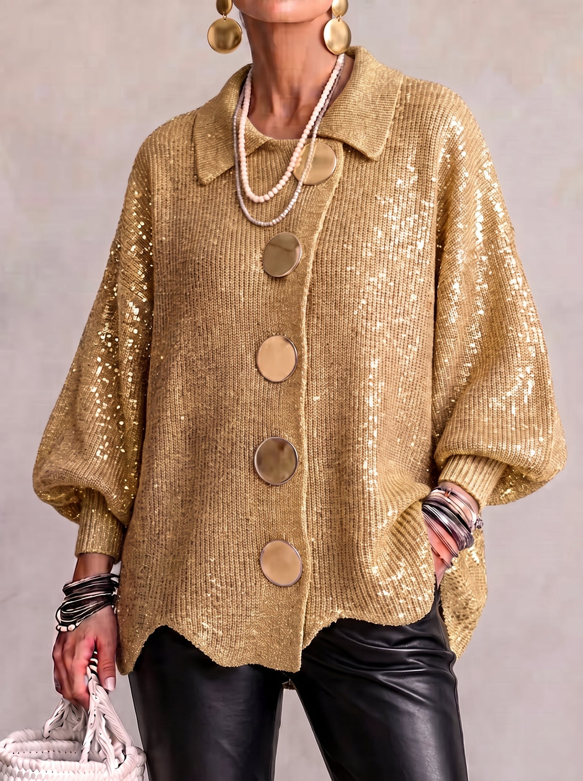 Women's Oversized Cardigan — Lantern Sleeves & Gold Buttons 6