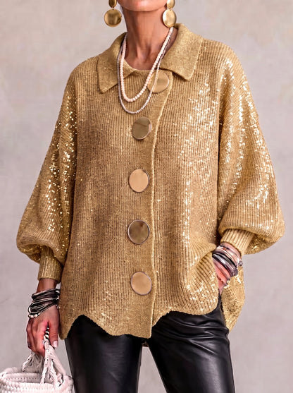Women's Oversized Cardigan — Lantern Sleeves & Gold Buttons 6