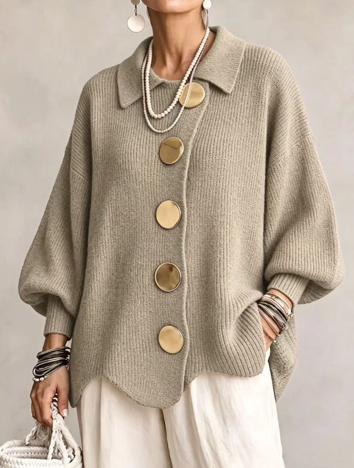 Women's Oversized Cardigan — Lantern Sleeves & Gold Buttons 7