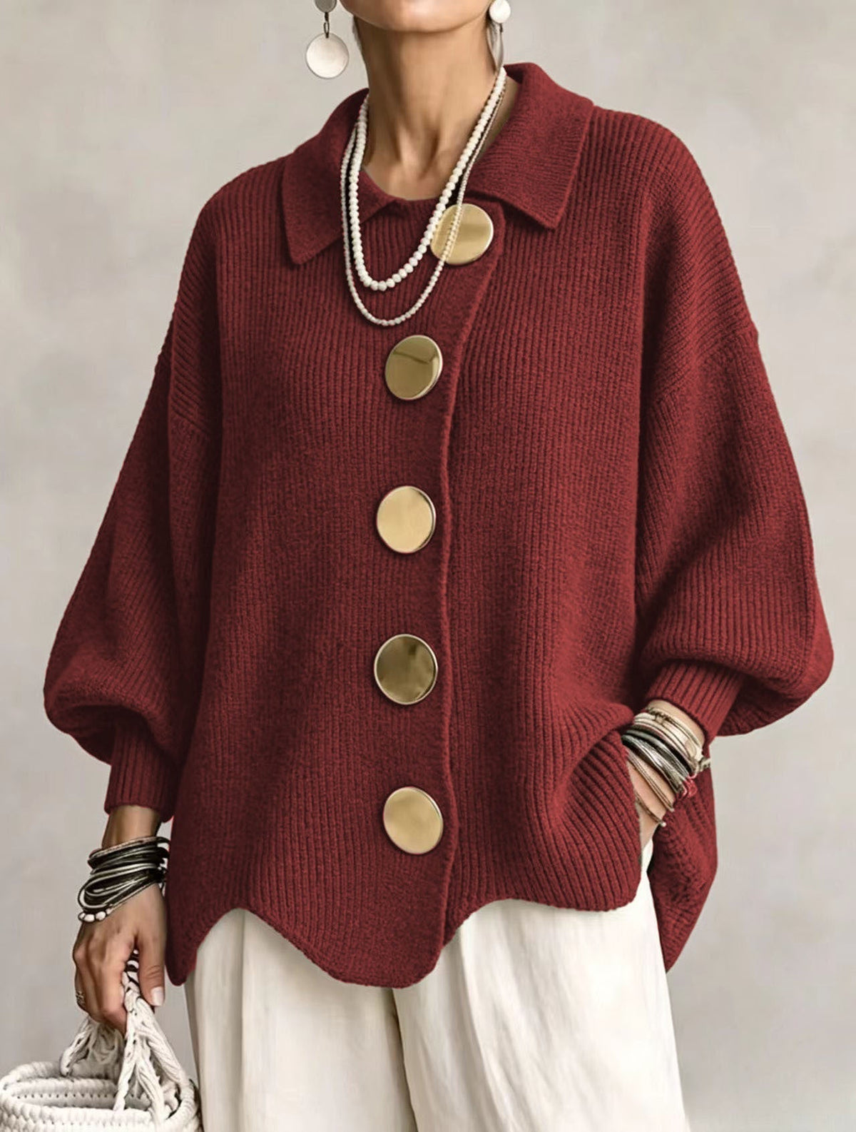 Women's Oversized Cardigan — Lantern Sleeves & Gold Buttons 8