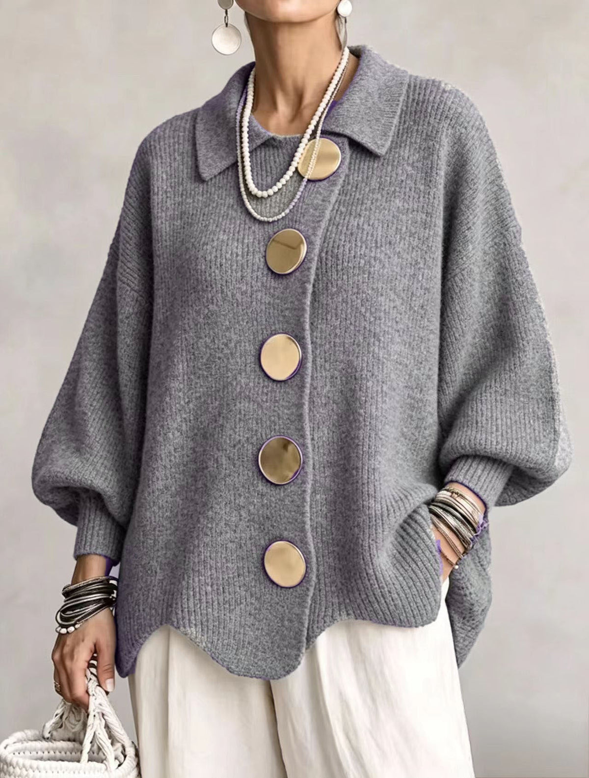 Women's Oversized Cardigan — Lantern Sleeves & Gold Buttons 9