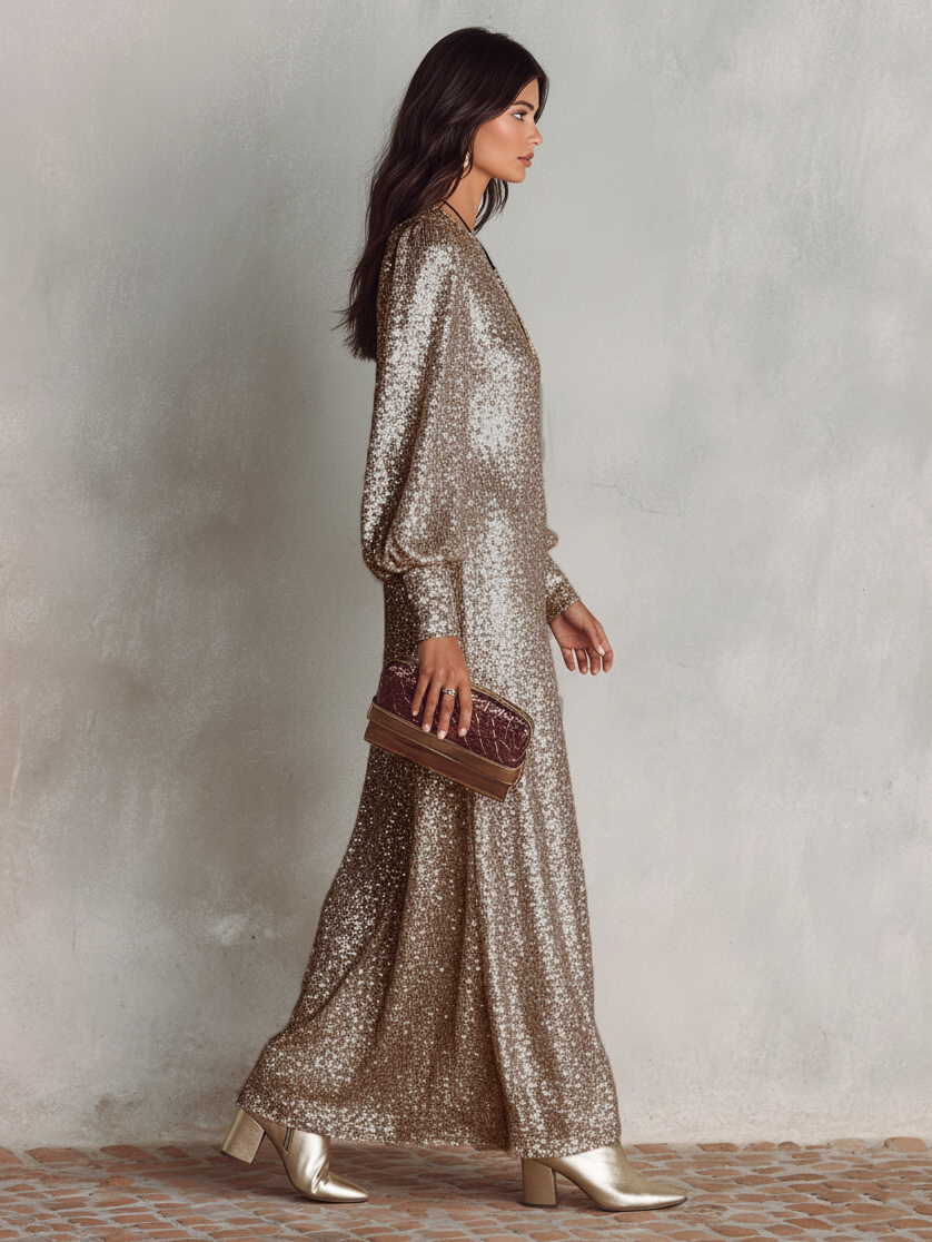 Shimmering Maxi Evening Gown — Long Sleeve V-Neck Party Dress 5