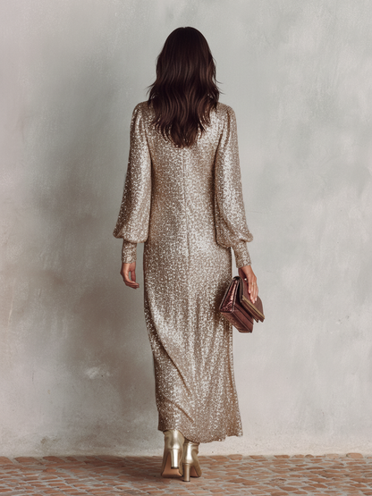 Shimmering Maxi Evening Gown — Long Sleeve V-Neck Party Dress 6